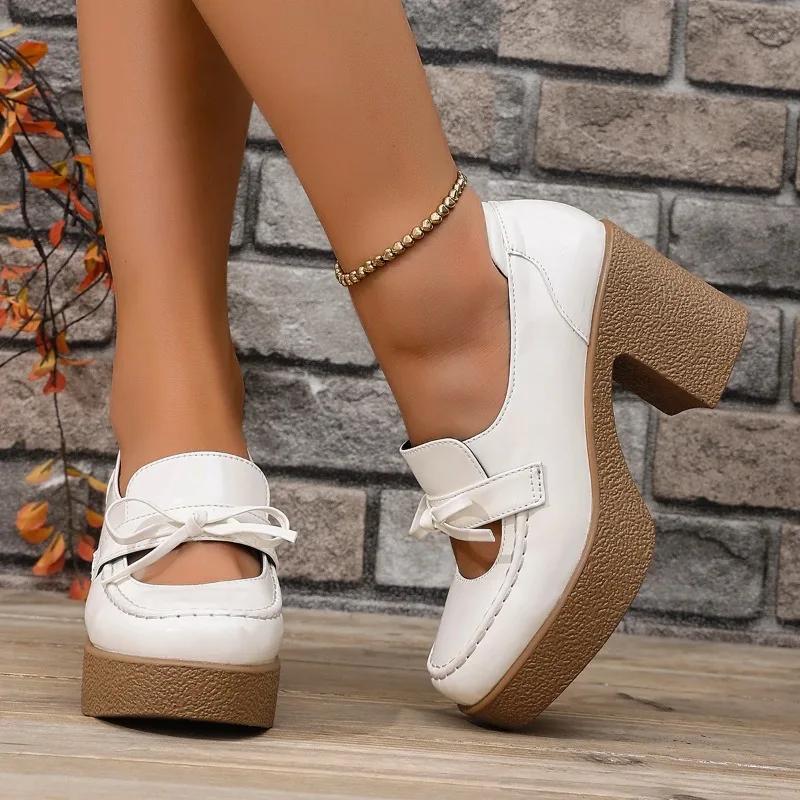 Mode Frühling und Herbst Neue Mary Jane Plateau Schuhe Runde Zehenpartie Flacher Ausschnitt Aushöhlung Schleife Slipper Mode Hohe Absätze