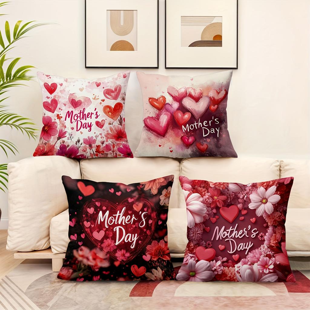 4pcs Happy Mother's Day Decorative Pillowcase Set, 18x18 Inch Floral Cushion Covers for Sweet Home Decor, Gift for Mom, for Porch Patio Sofa