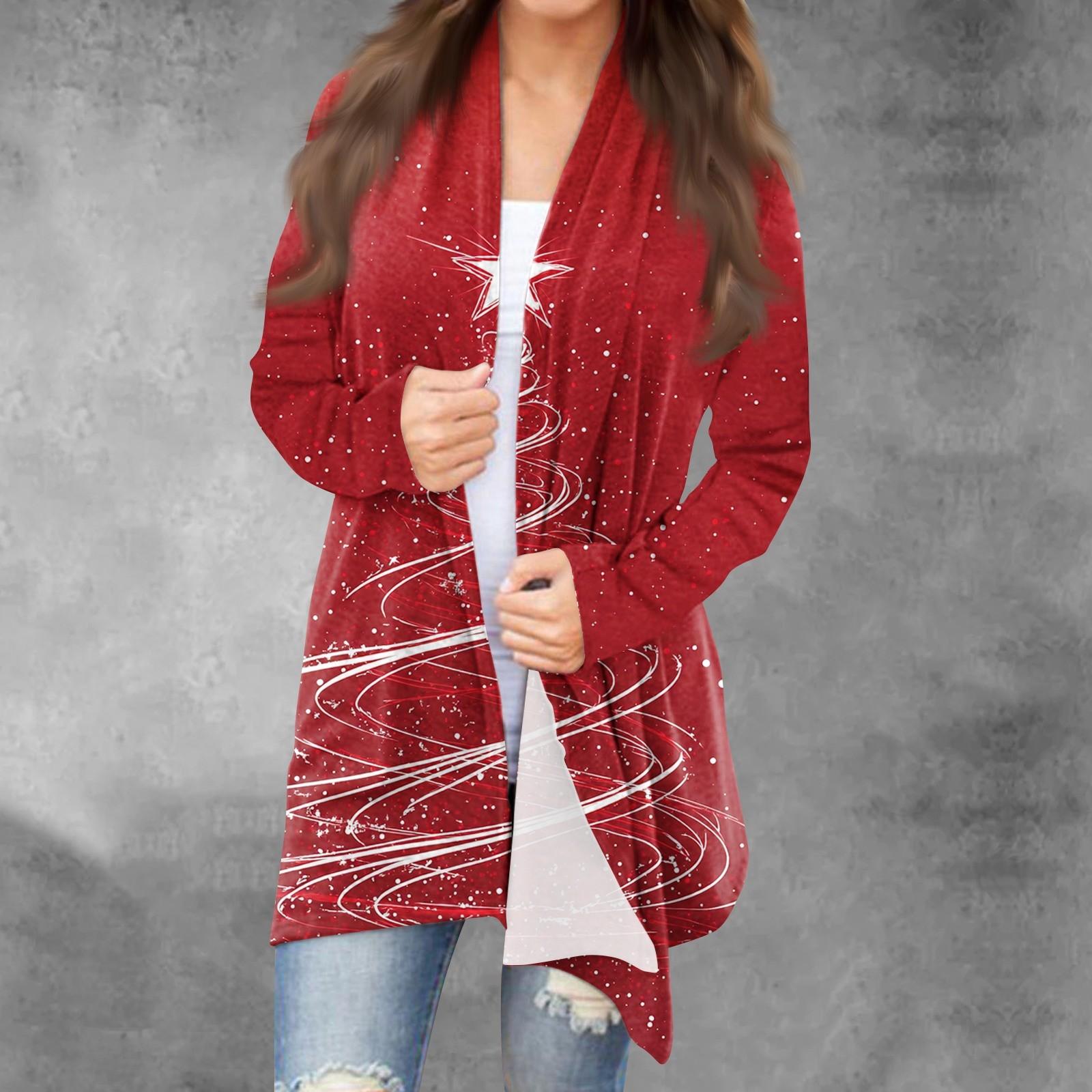

Women s Fashion Christmas Print Jacket Long Sleeve Casual Cardigan Coat XXL червоний