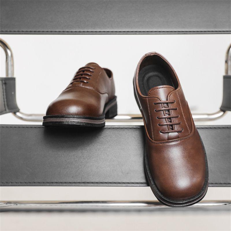 Men's Black Genuine Leather Derby Shoes - High-End, Round Toe, Formal/Casual, French/Japanese-Inspired.