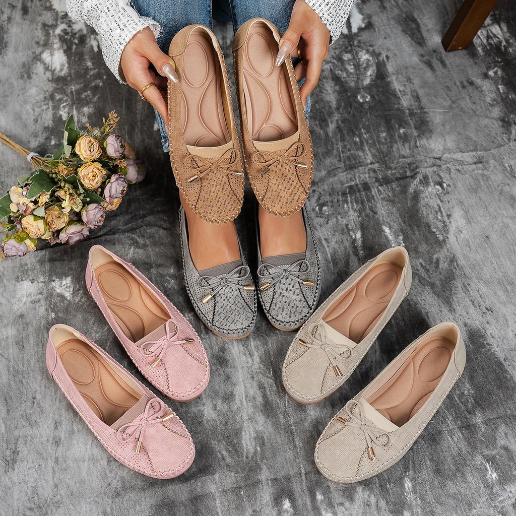 Stitching Bow Solid Color Women's Flat Loafers