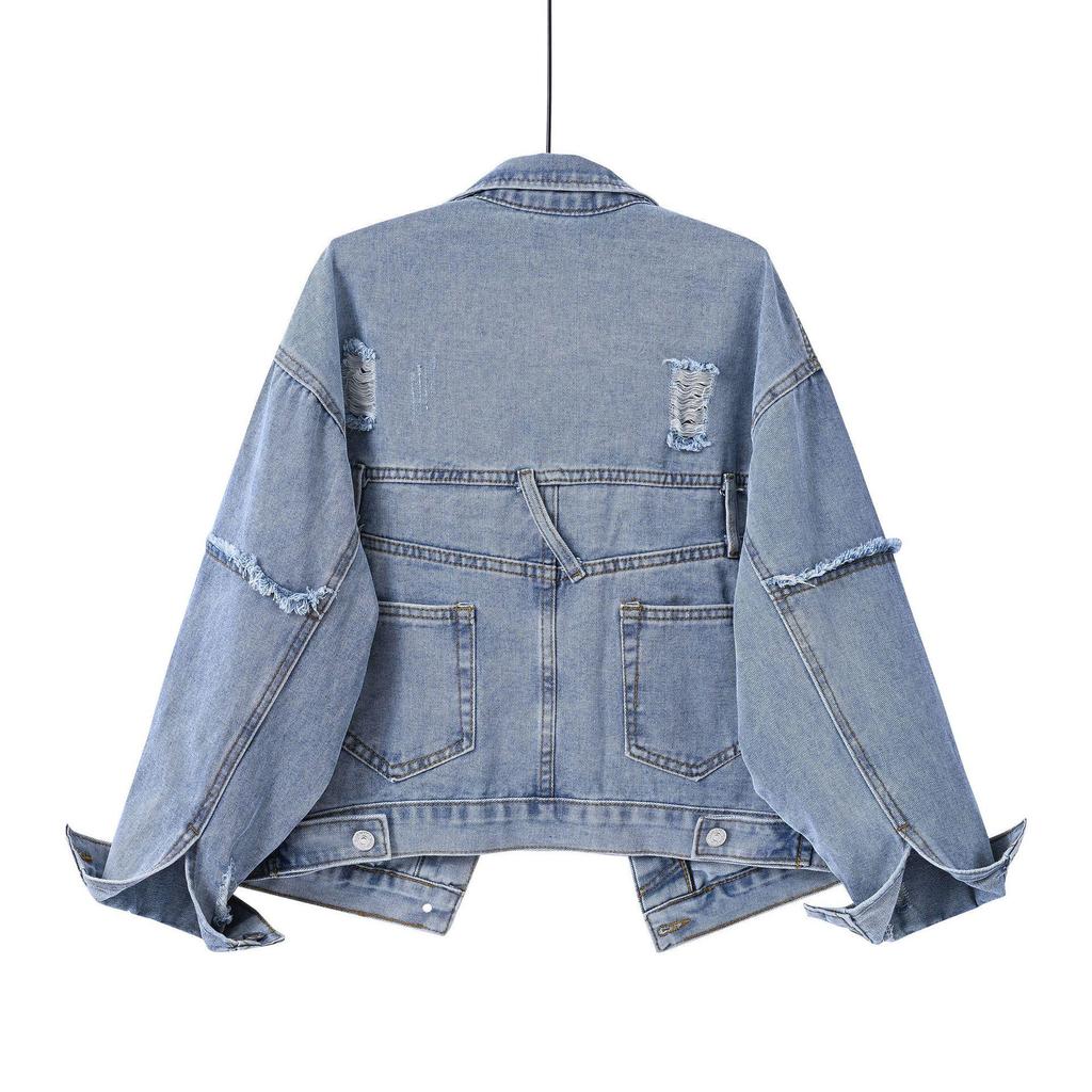 Women's Retro Patchwork Denim Jacket - Frayed Hem, Slimming, Loose Fit, Plus Size, Spring & Autumn Casual Style with Pockets