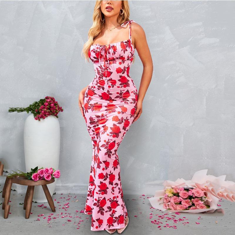 Short Milk Silk Dress, Sexy Printed Strap Halter Hip Sling Fishtail Dress