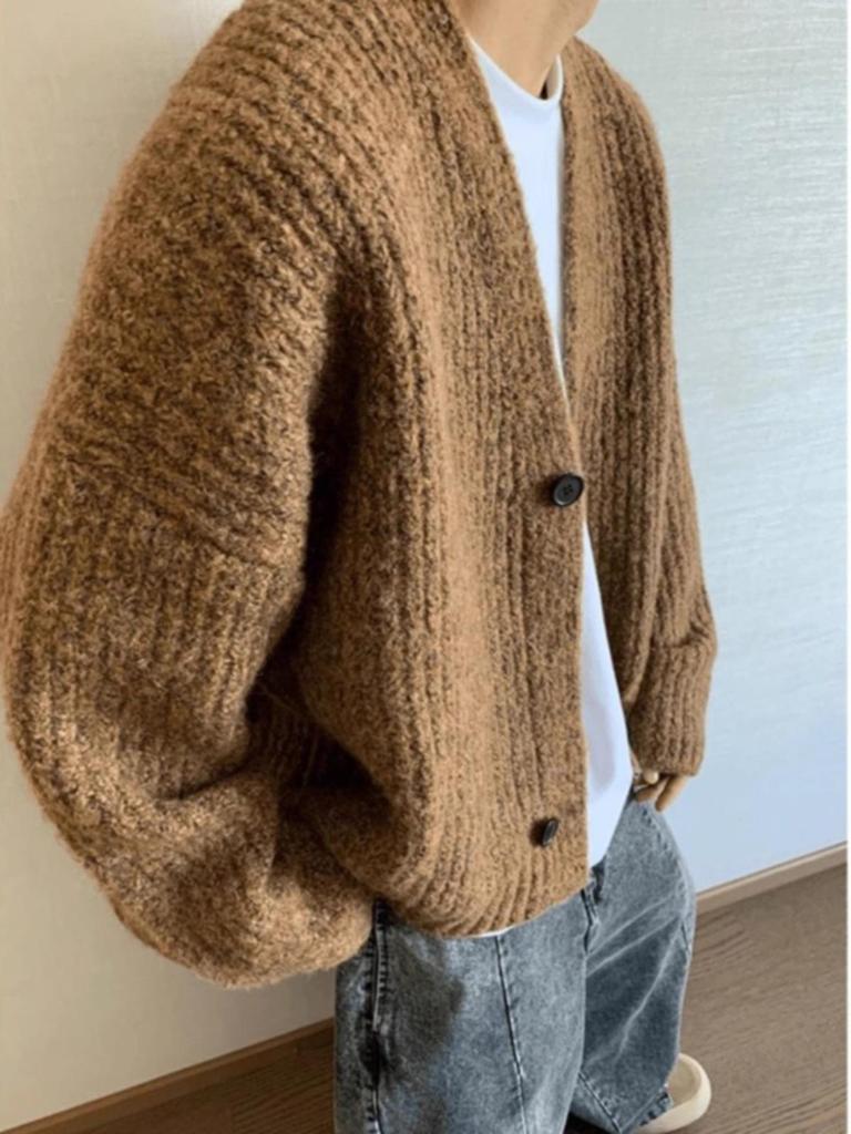 Men's Retro Mixed Color Chunky Knit Cardigan - High-End Loose-Fit Sweater