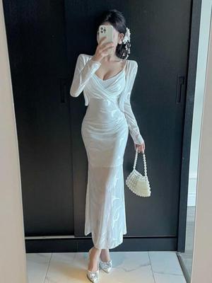 Elegant Nightclub Temperament Cardigan & Sexy Strappy Evening Dress Set