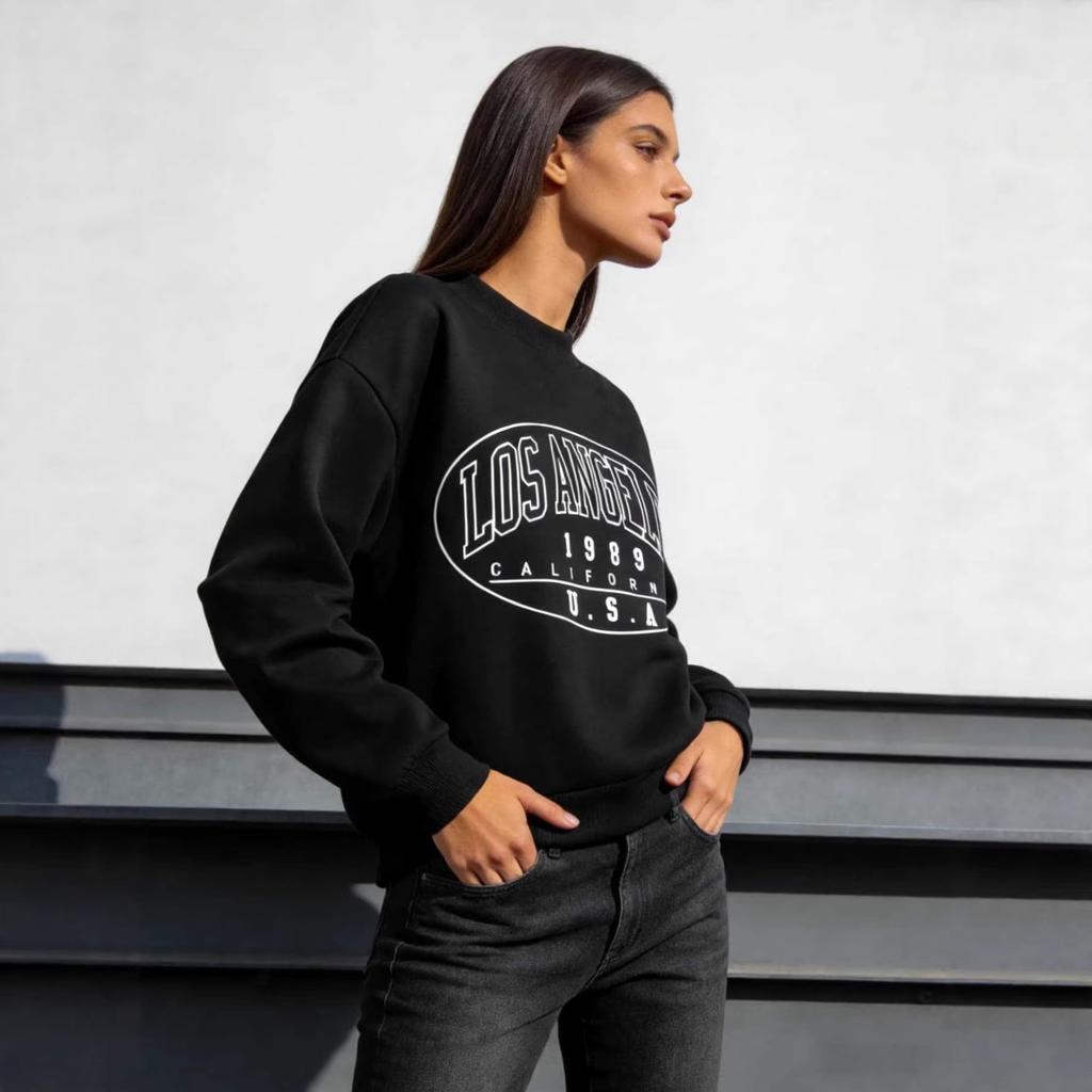 Cross-border Special Black Letter Print Sweater Women's LOS ANGELES Crew Neck Loose Casual Long-sleeved Top