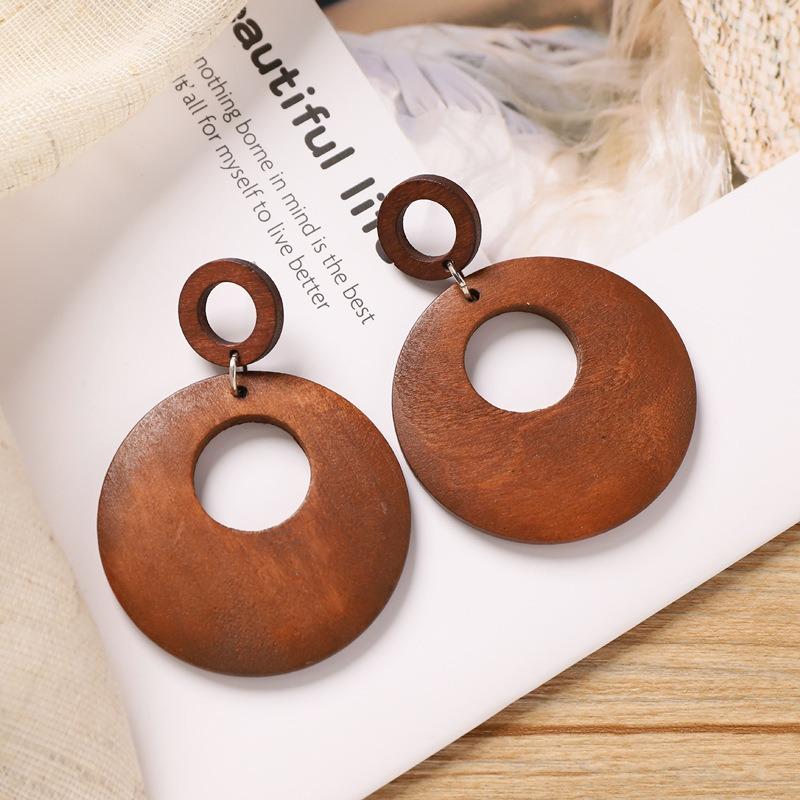 Vintage brown coffee wood stud earrings niche Maillard exaggerated round earrings earrings earrings women