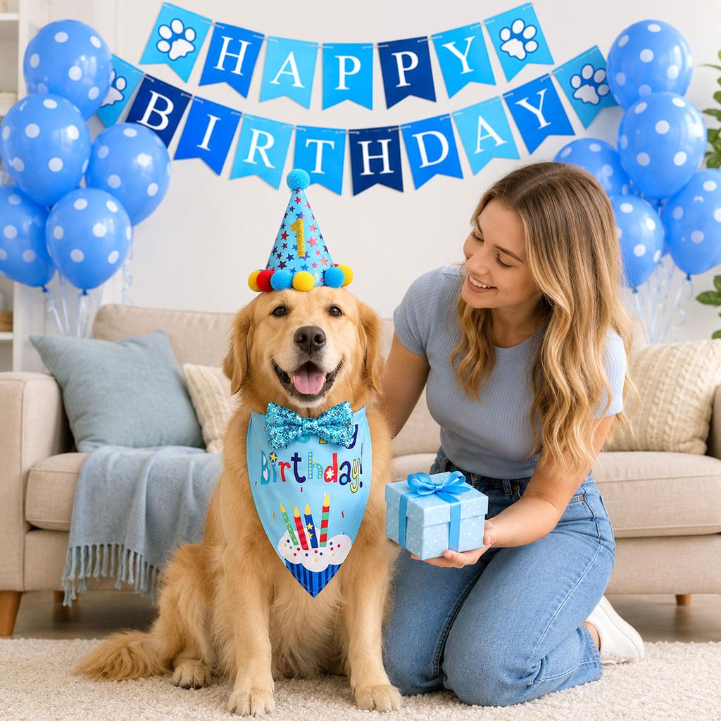Pet Birthday Party Decoration Kit Dog Bandana Hat Banner Flag Number Set Includes Balloons Bow Tie Tape Suitable for Pet Celebrations