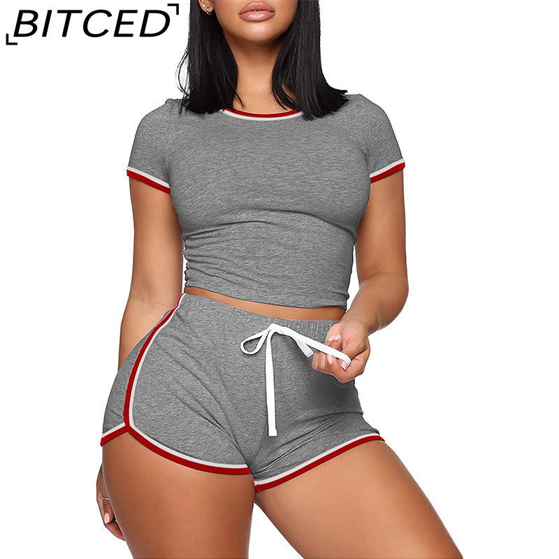 BITCED Summer Plus Size Women's Solid Colour Patchwork Short-Sleeved Casual Two-Piece Set