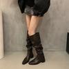 Pointed Boots Women's Over-the-Knee 2025 Autumn and Winter Women's Boots French Wedge Heel High Heel Boots Pleated Stacking Boots