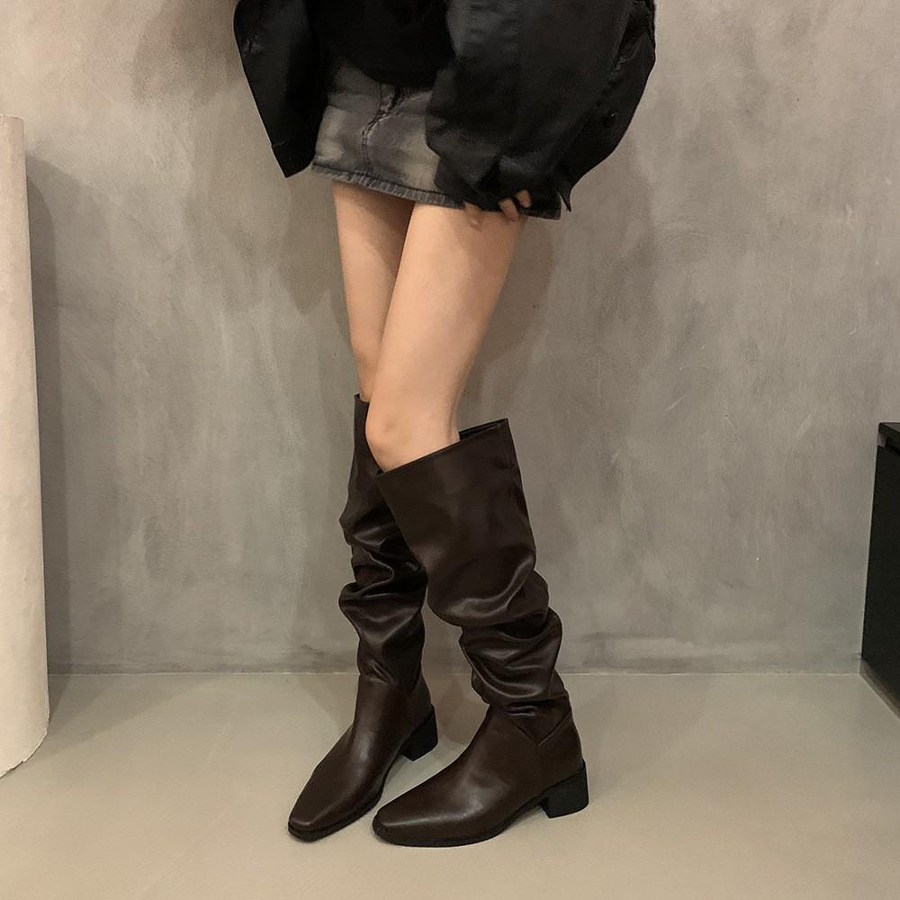 Pointed Boots Women's Over-the-Knee 2025 Autumn and Winter Women's Boots French Wedge Heel High Heel Boots Pleated Stacking Boots