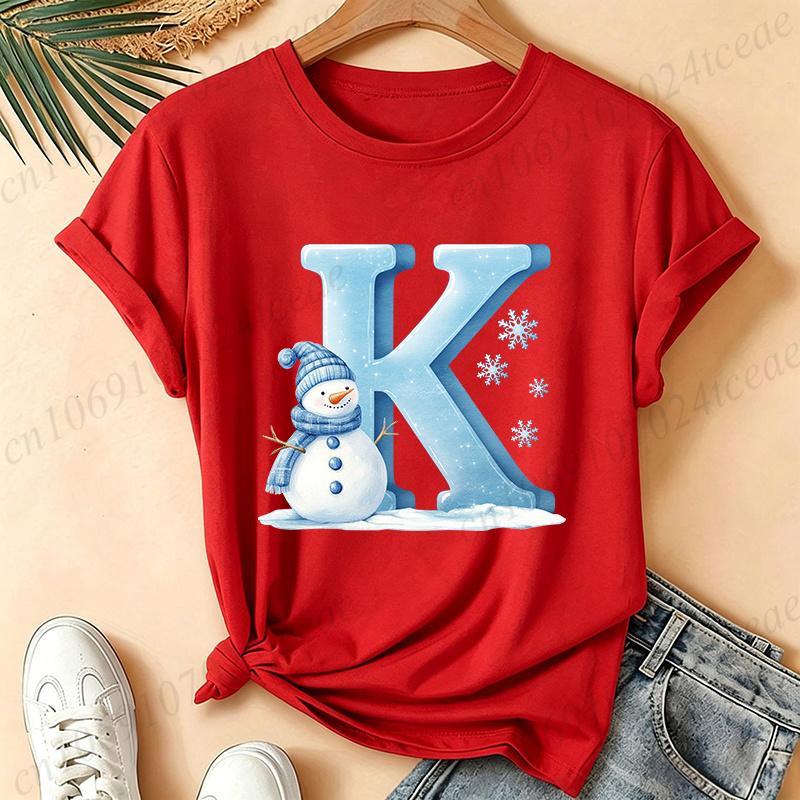 Christmas Snowman Alphabet T-Shirt Women Blue Ice Alphabet Graphic Tees Christmas Holiday Casual Red Short Sleeve Unisex Tops
