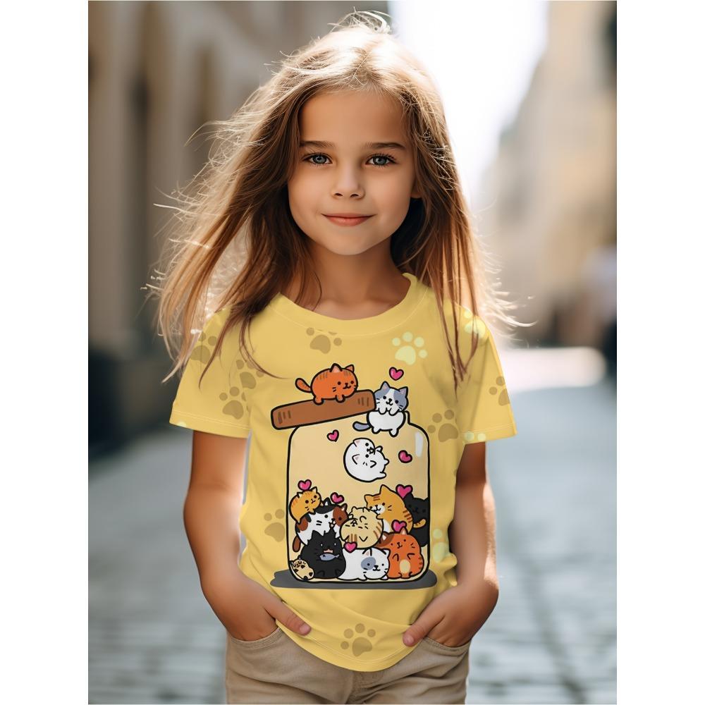 Kids Clothes Cute Cat Graphic T Shirts Short Sleeve Tops Summer Children's T-Shirt Crew Neck Child T-Shirt Cartoon Child T Shirt
