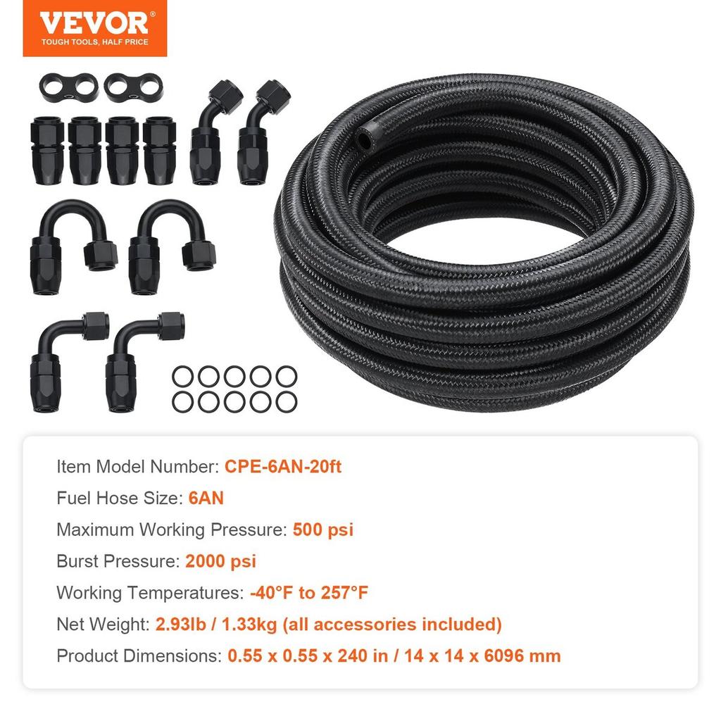 6AN Fuel Line Kit, 20 FT Fuel Hose Kit, 0.34" Nylon Stainless Steel Braided Fuel Line Oil/Gas/Diesel Hose End Fitting Kit, with 12 PCS Swivel Fitting