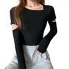 Women's Spring Black Slim-Fit Long-Sleeve Clavicle Top
