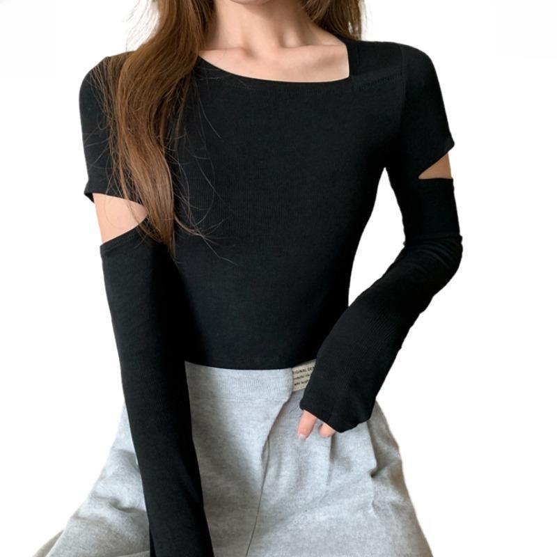 Women's Spring Black Slim-Fit Long-Sleeve Clavicle Top
