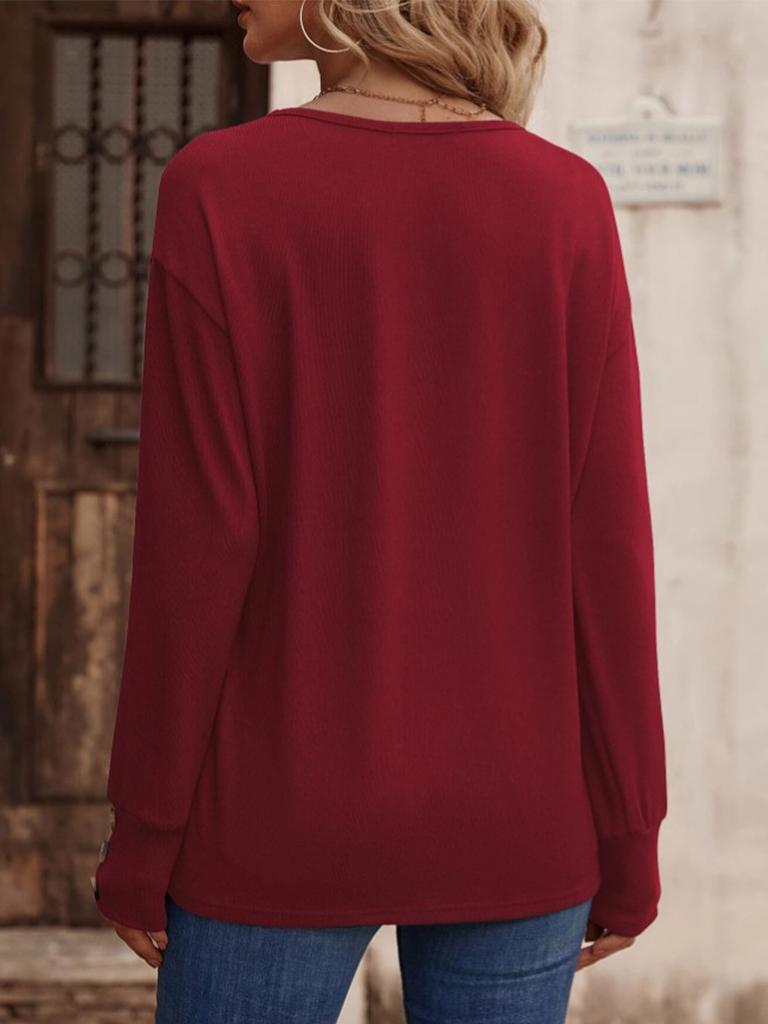 Einfarbiges, lockeres Langarm-T-Shirt mit V-Ausschnitt und Button-Down-Oberteil
