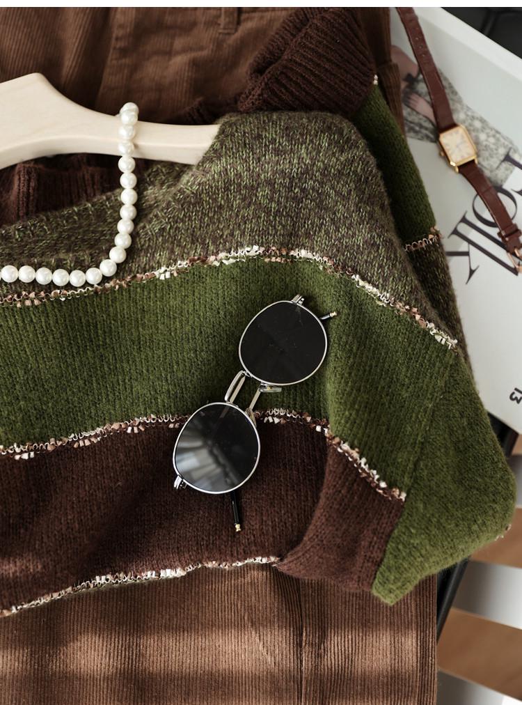 Matcha Chocolate Cashmere Wool Color Block Striped Knit Sweater - Women's Autumn Fashion