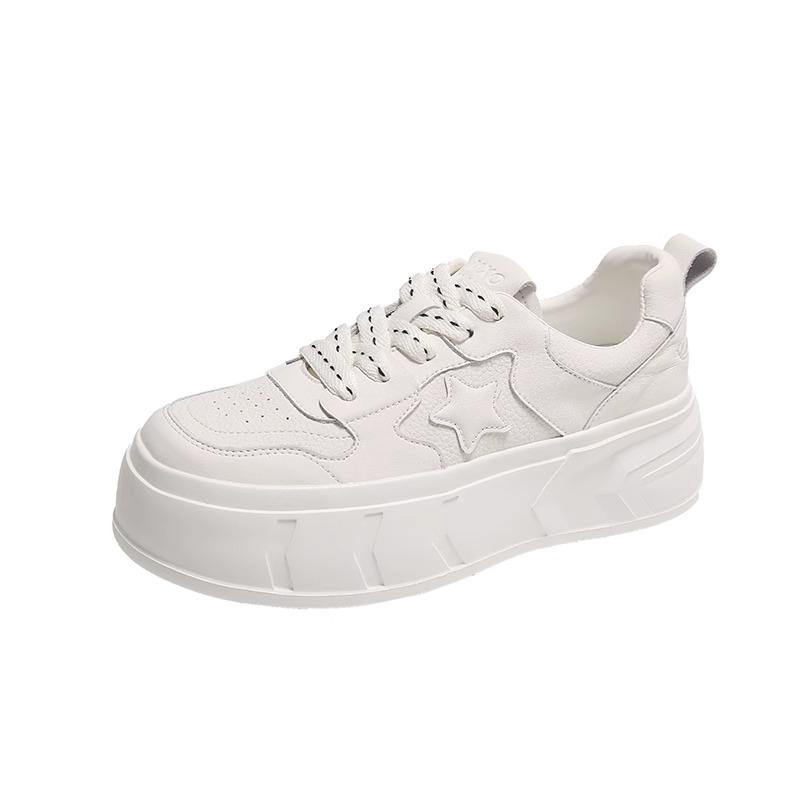 Genuine Leather Platform Sneakers Women's Spring and Summer New Versatile Star Pattern Sneakers White Shoes Women's Shoes