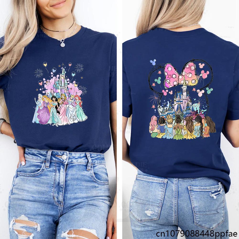 

Женская мода Новая милая футболка с принтом принцессы Диснея Рубашка с замком Диснея Милая футболка с головой Минни 4XL