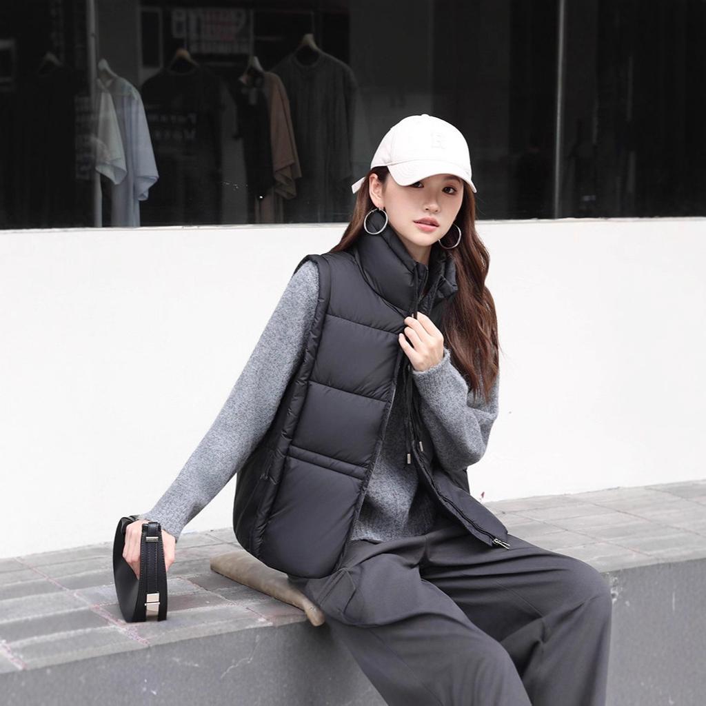 Down Cotton Vest Women's Short Stand-up Collar Winter New Vest Drawstring Cotton Vest Outer Wear Vest Thick