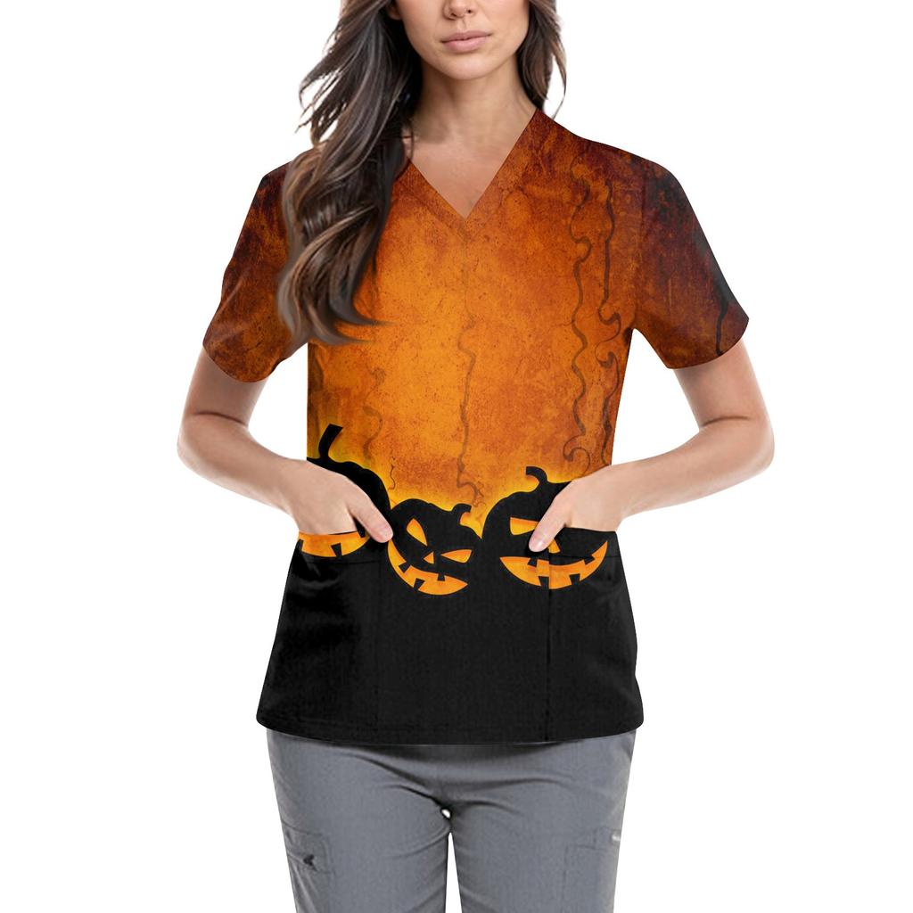 Women's Cute Printed Work Clothes V-neck Double Layer Pockets Basic Short Sleeve Top Pullover Valentines