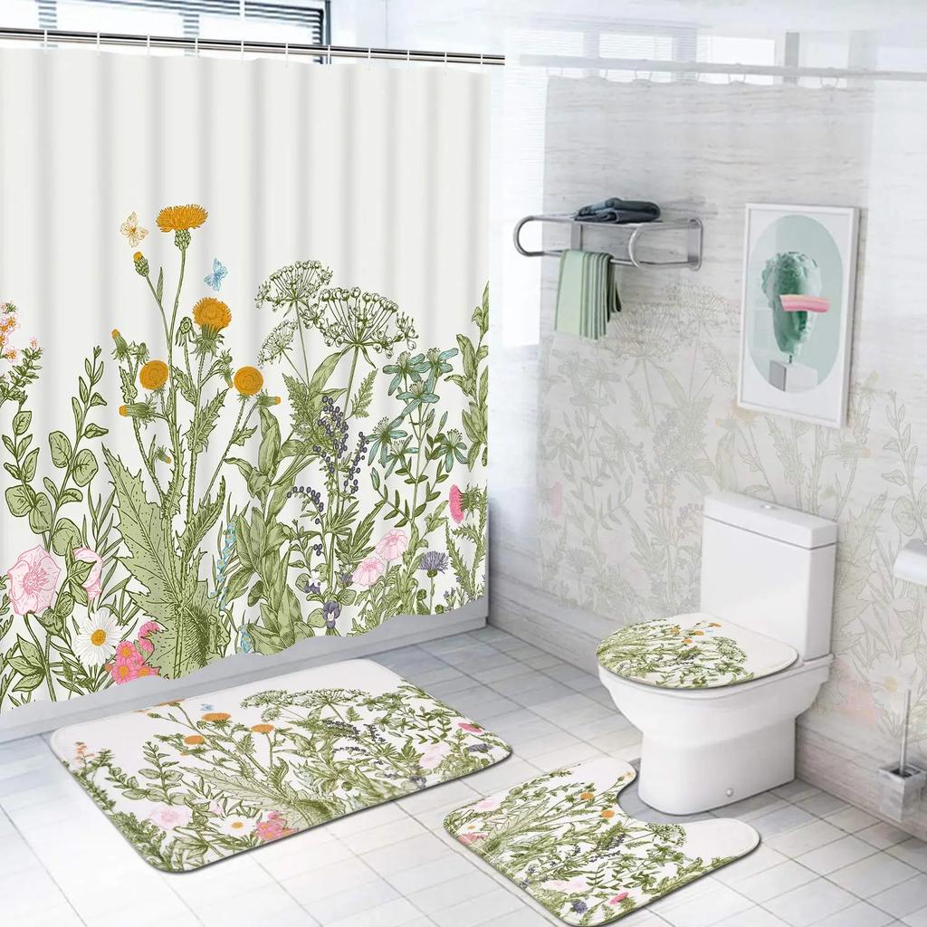 Blue Green Leaves Shower Curtain Set With Non-Slip Rug Toilet Lid Cover Bath Mat And Hooks Plant Leaf Vine Waterproof Decor Sets