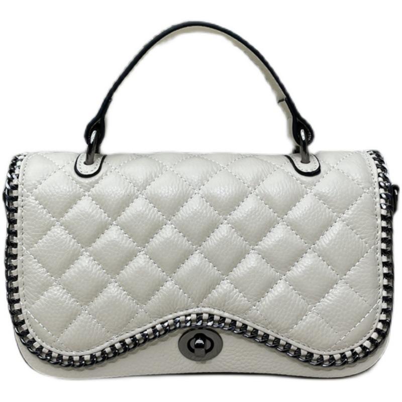 Genuine Leather Women's Handbag Diamond Check Small Square Handbag Niche Premium Sense Light Luxury Layer Cowhide Hand Bill Shoulder Crossbody Bag