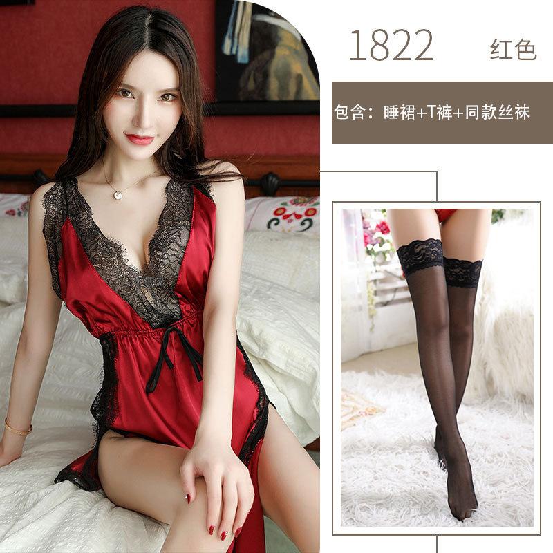 Sex Underwear Sexy Imitation Satin Cross Suspender Lace Open Chest Side Split