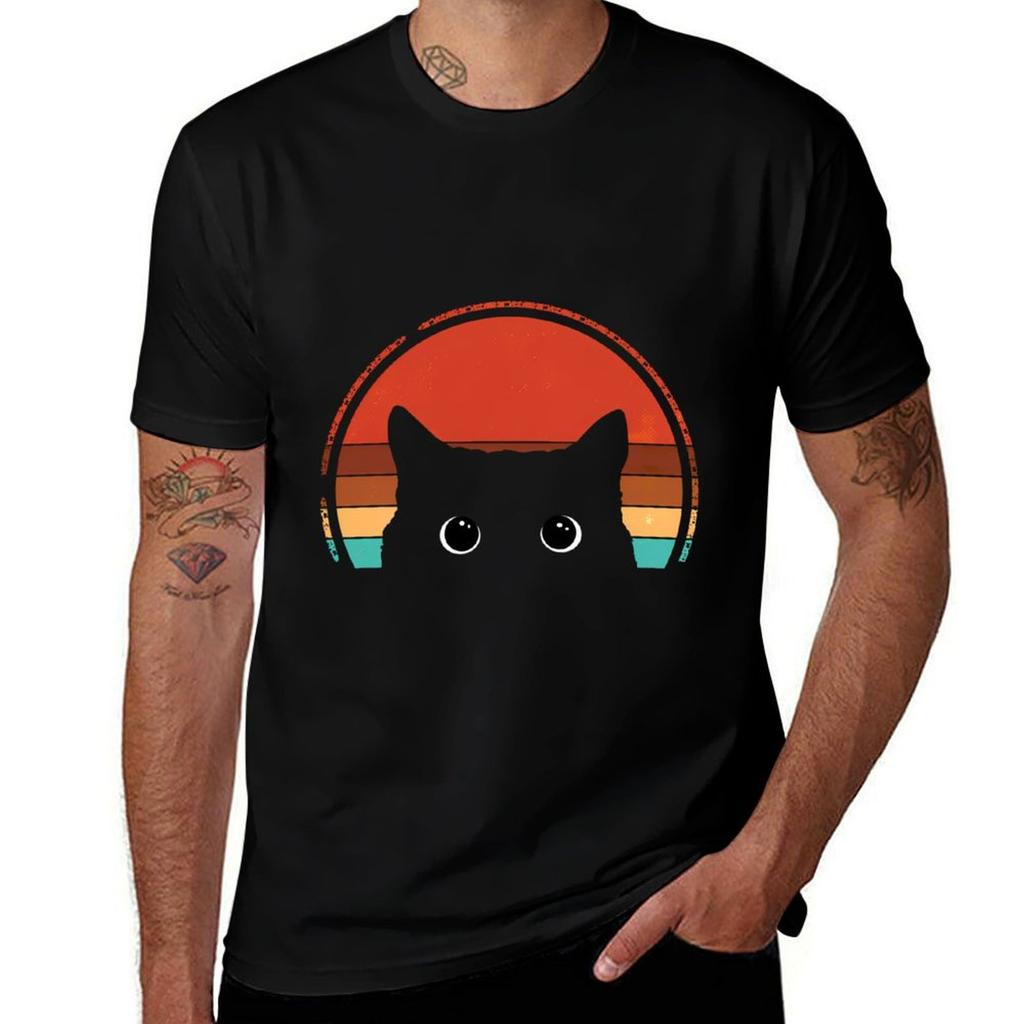 Black Cat Peeking Sunset Vintage Tshirt Casual All Match Short Sleeve Tshirt