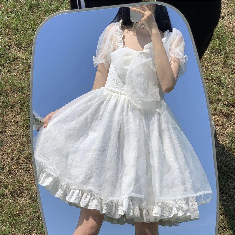 Japanisches süßes süßes Mädchen-Lolita-Kleid mit Puffärmeln, weißes Kawaii-Tutu-Prinzessinnenkleid, Lolita-Feenkleid, koreanisches weißes Kleid