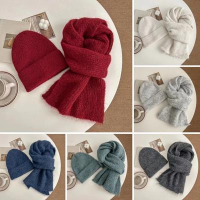 2Pcs/Set Hat Scarf Set Thermal Lined Double-Layer Design Knitted Long Scarf Hat