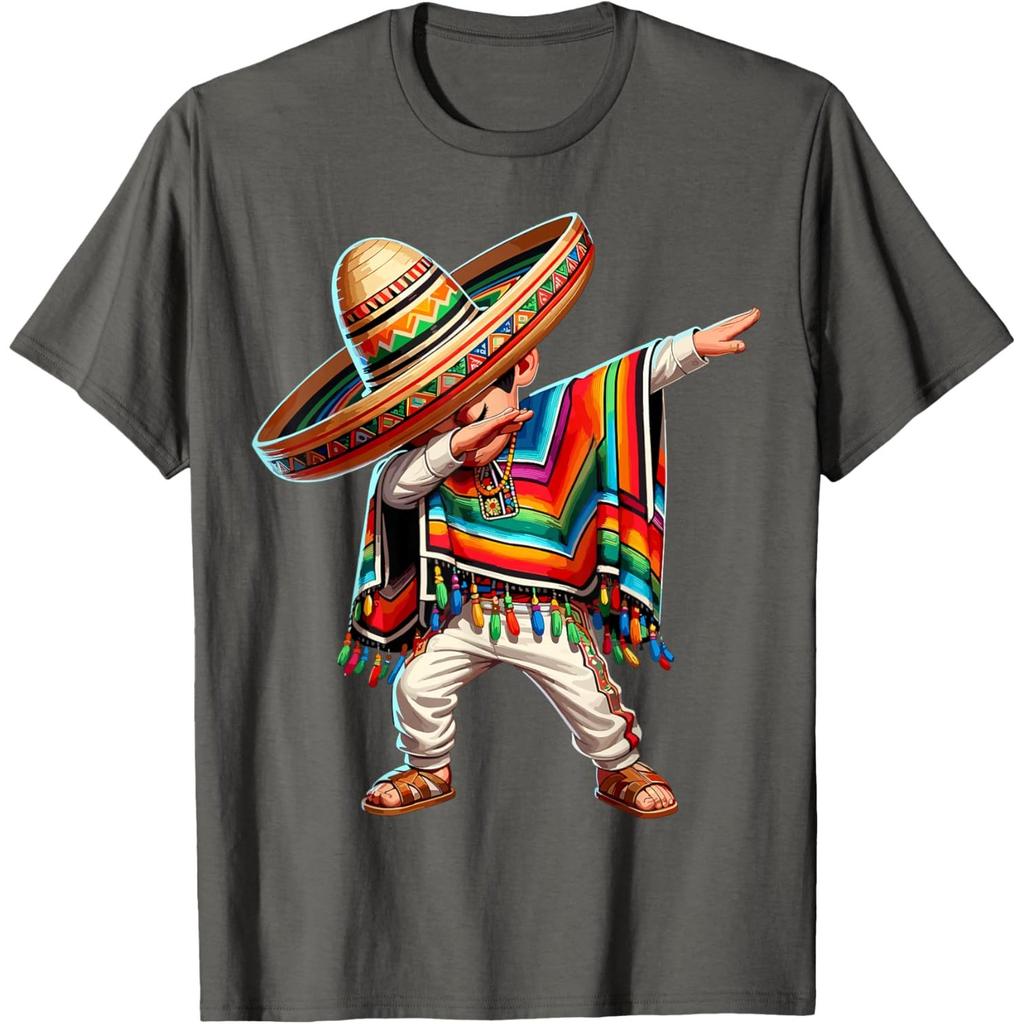 Mexican Boy Dabbing Poncho Sombrero Graphic Tee Cinco de Mayo Casual Cotton T-Shirt