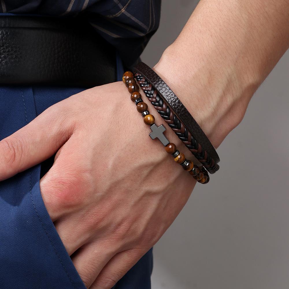 Multi Layer Black Onyx Bracelet With Tiger Eye And Matte Stone Accents Stylish PU Leather Braided Handmade Jewelry