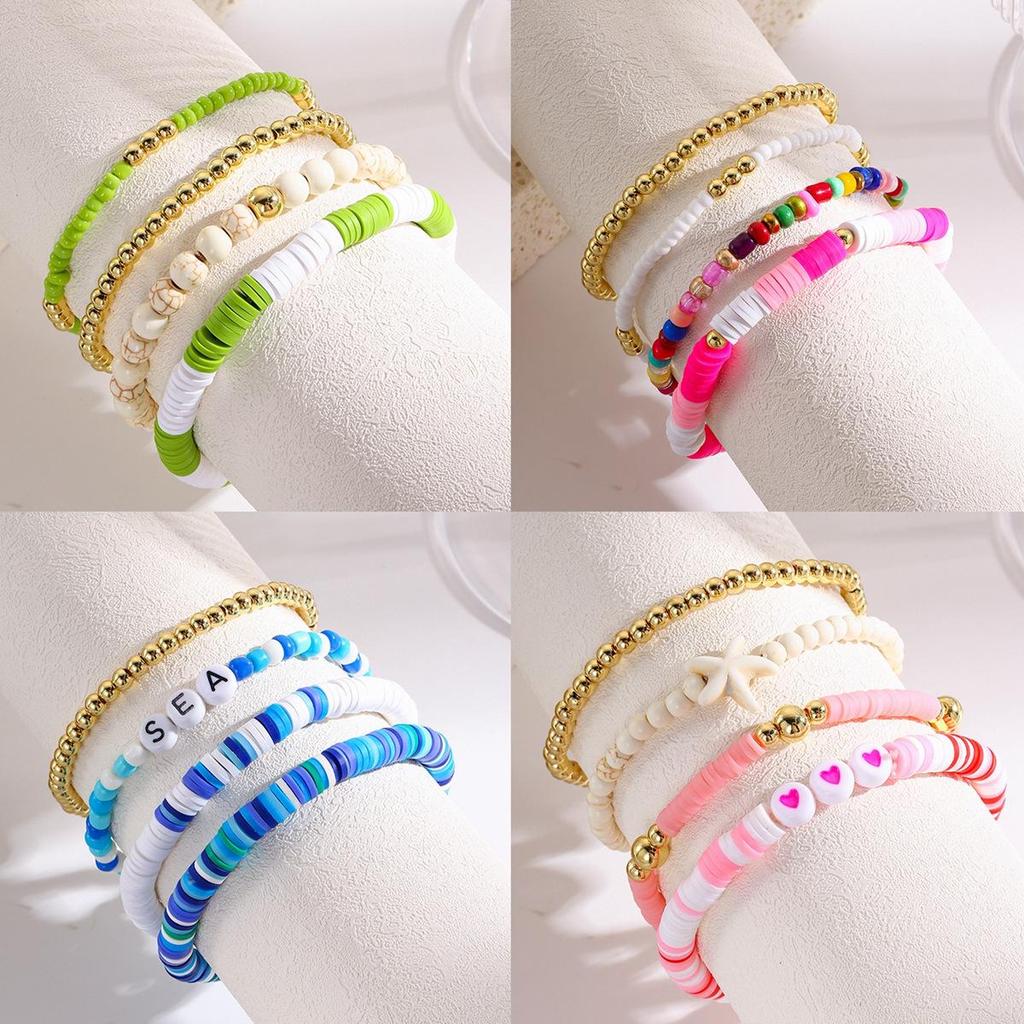 Buntes Sommer Strand Damen Polymer Clay Perlenarmband Set - 4 Stück