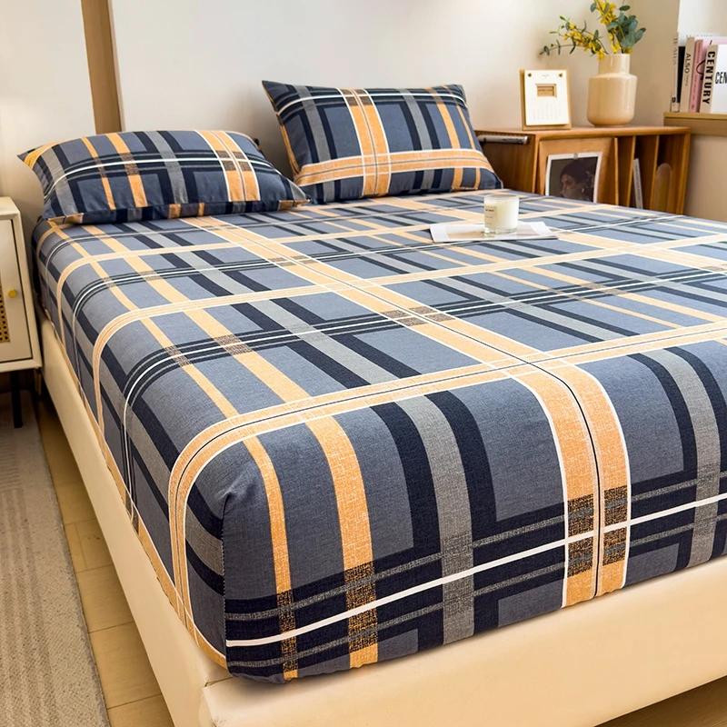 Blue Check 100% Cotton Fitted Sheet, Set Soft Thick Bed Cover with 2 Pillowcases, Hotel Luxurious Geometric Line Theme Bedding