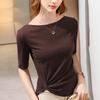 Medium-sleeved short-sleeved t-shirt women's spring and summer new women's clothing temperament one-word shoulder cotton t-shirt pleated waist top