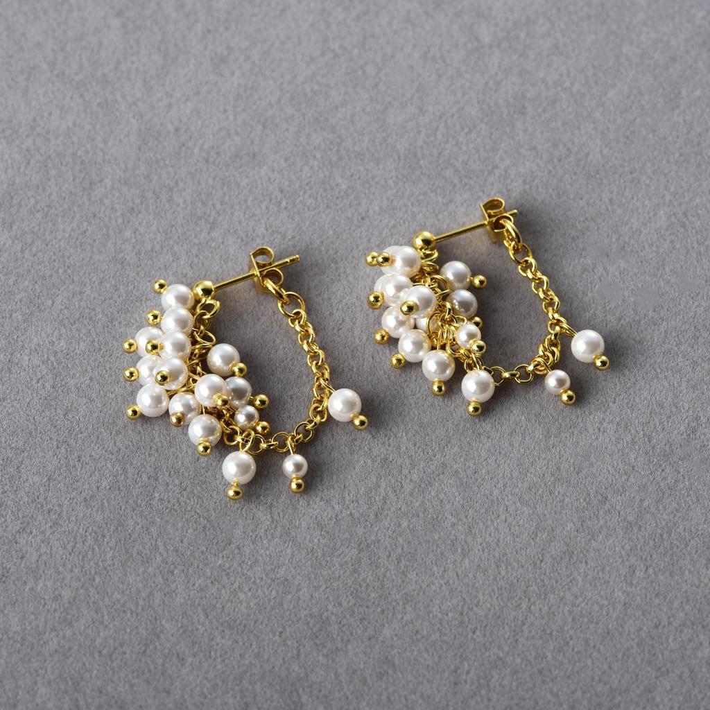 Premium Metal Copper Plated 18K Real Gold Color Matching Pearl Small Tassel Rear Hanging Stud Earrings Personalized Fashion Earrings