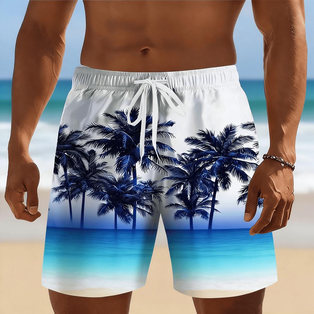 Men's White Fern Wave Print Drawstring Shorts, Spring Summer Fresh Nature Casual Shorts, Pocket Beach Shorts