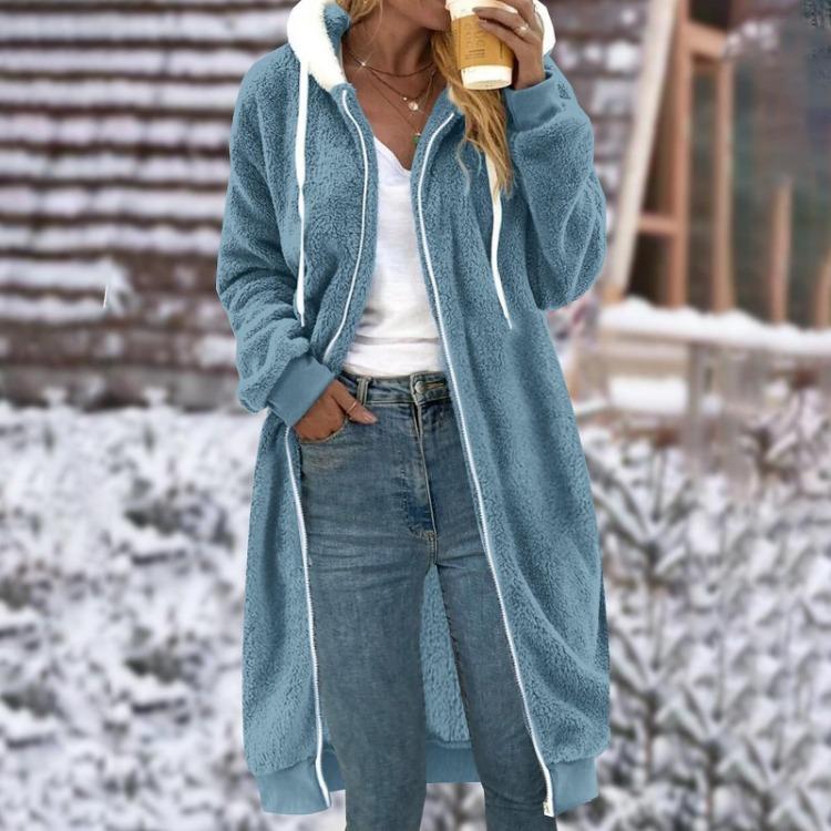 Cappotto da Donna Lunghezza Media in Peluche Double Face con Cappuccio Colore Solido con Tasche