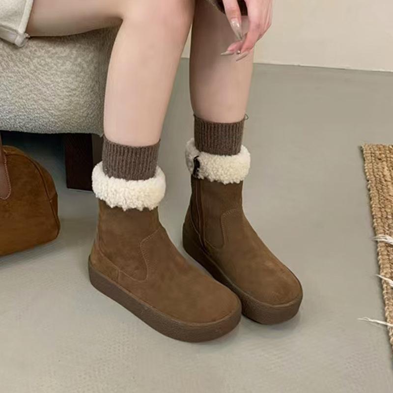 Frosted leather thick-soled snow boots for women's autumn and winter new plush warm thickened Boken short boots fluffy cotton shoes