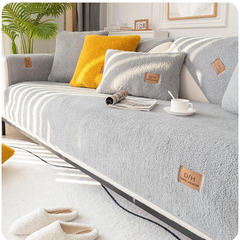 Non-Slip Leather Sofa Cover, Shearling Sofa Cushion, Thickened Fleece Seat Pad for Fall and Winter, Luxury-Style Cover Cloth