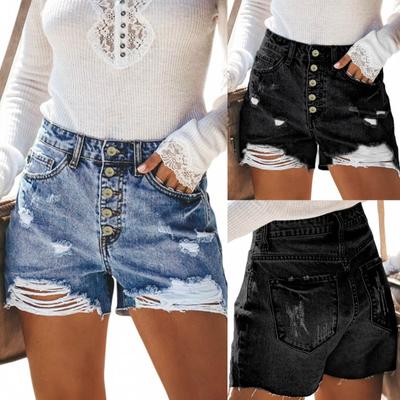 Mode Damen Tasche solide Jeans Denim Hosen weibliche Loch unten lässige Shorts