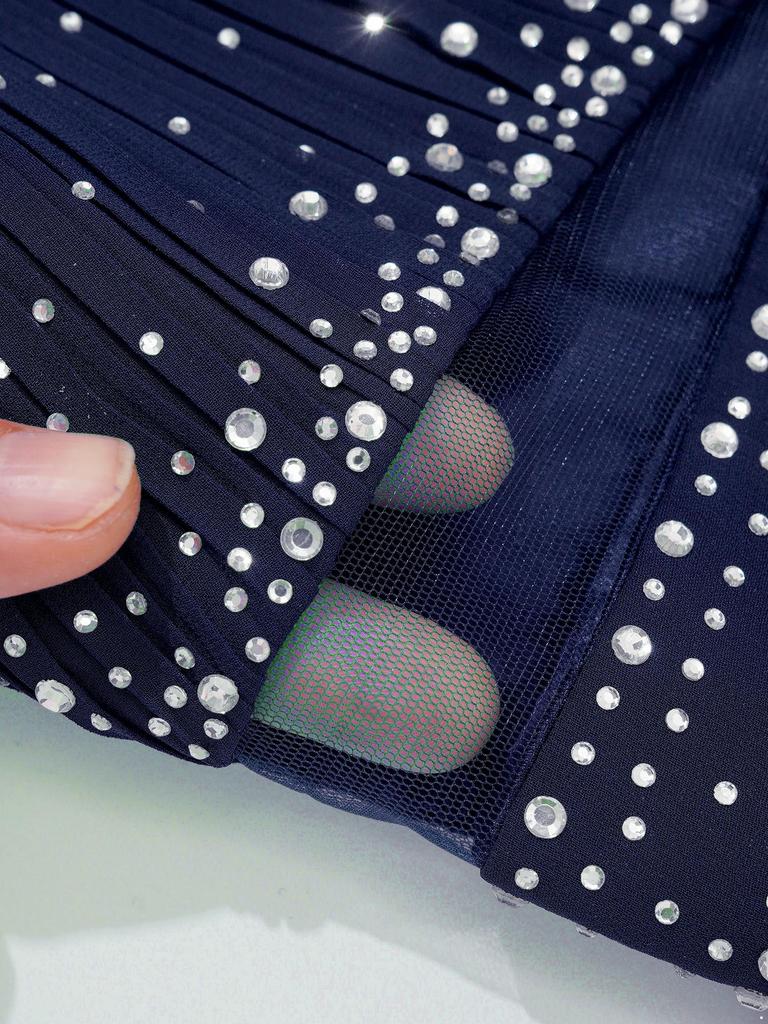 Kids Girls Shiny Rhinestone Party Dress Sleeveless Ruched Chiffon Dress High Waist Elegant Evening Formal Prom Dresses