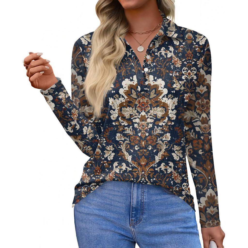 Dame Mote Casual Revers Kortermet Langermet Print Skjorte Dame Knapper Opp Topper