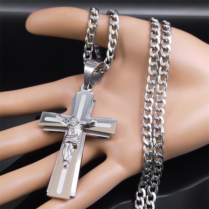 Collana con Croce di Gesù Acciaio Inossidabile Catena per Uomini Colore Argento Crocifisso Collane Religiose Gioielli Collare Cruz N2343S05