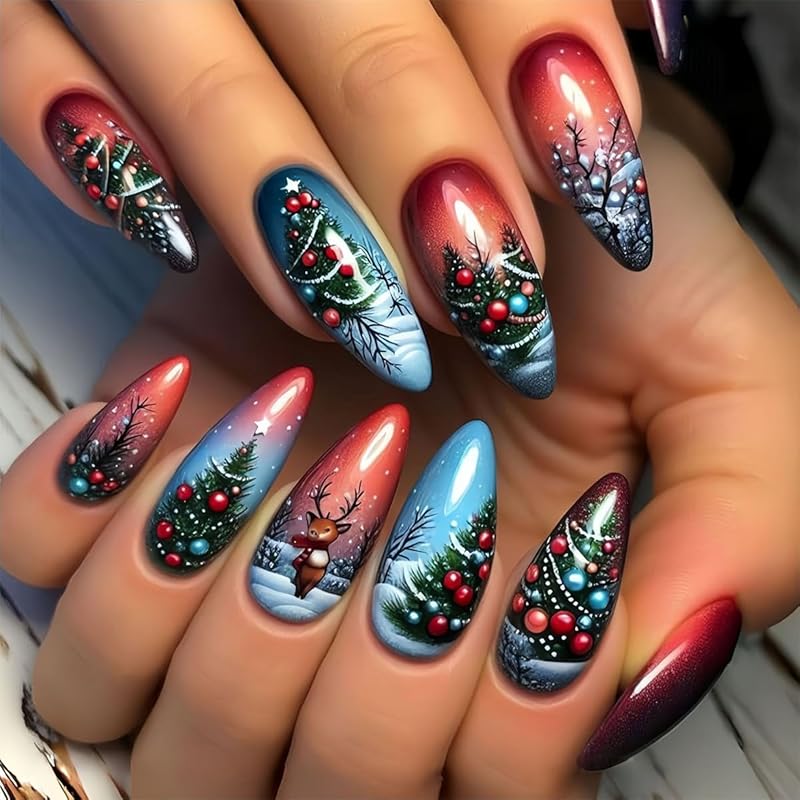 Christmas Cute Press On Nails Square Fake Nails Winter False Nails with Snowman Snowflake Designs Medium Glue On Nail Gloss Xmas Reusable Acrylic