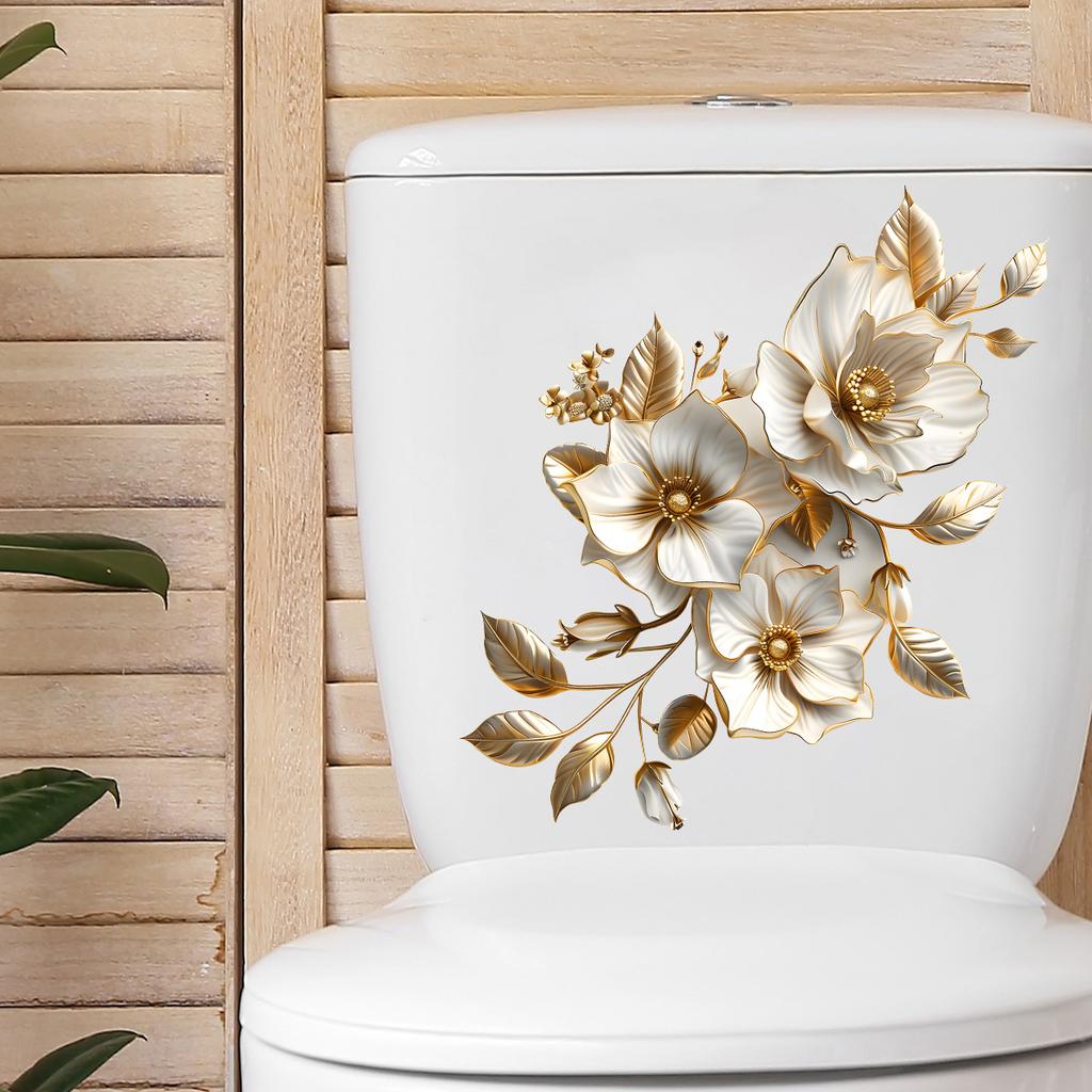 1Pc Beautiful European Visual 3D Gold Flower Stickers Waterproof PVC Toilet Cover Decal Bathroom Self-adhesive Decoration