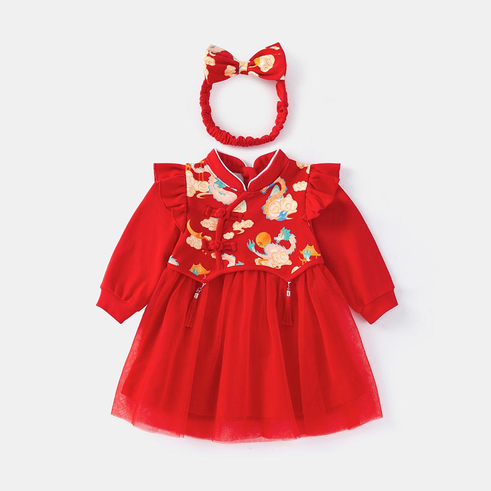 

Красное китайское платье тан для девочки на Новый год, весну, осень - Идеальный наряд для первого дня рождения или празднования ста дней 100 cm красный