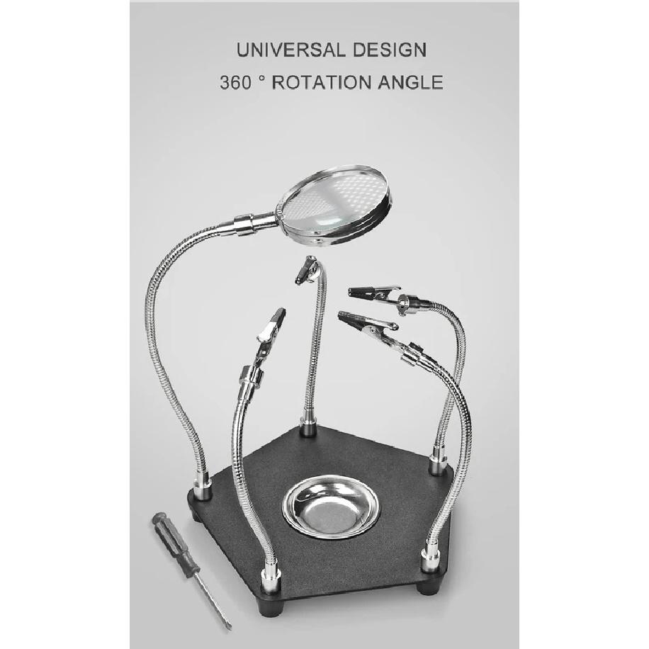 Lente d'ingrandimento per saldatura con supporto per PCB Bracci metallici flessibili Mani aiutanti per stazione di saldatura Strumento d'ingrandimento da tavolo